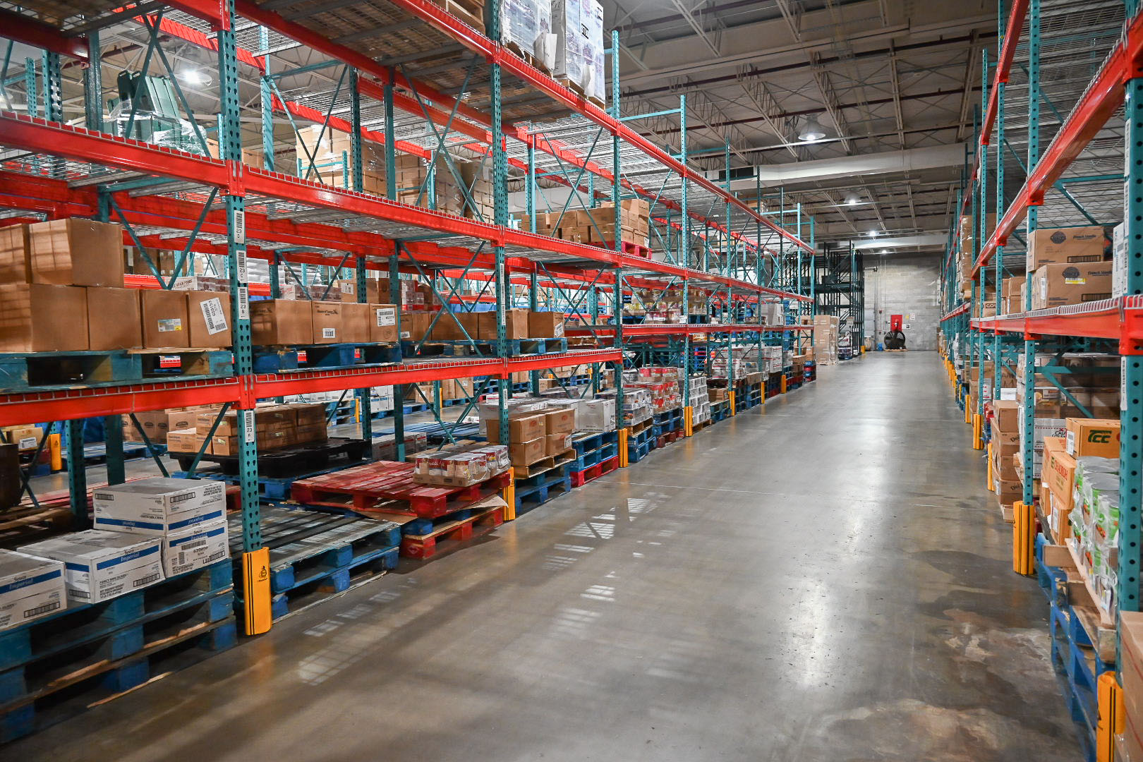The Food Stores warehouse shelves filled with inventory for use in MSU’s dining spaces.