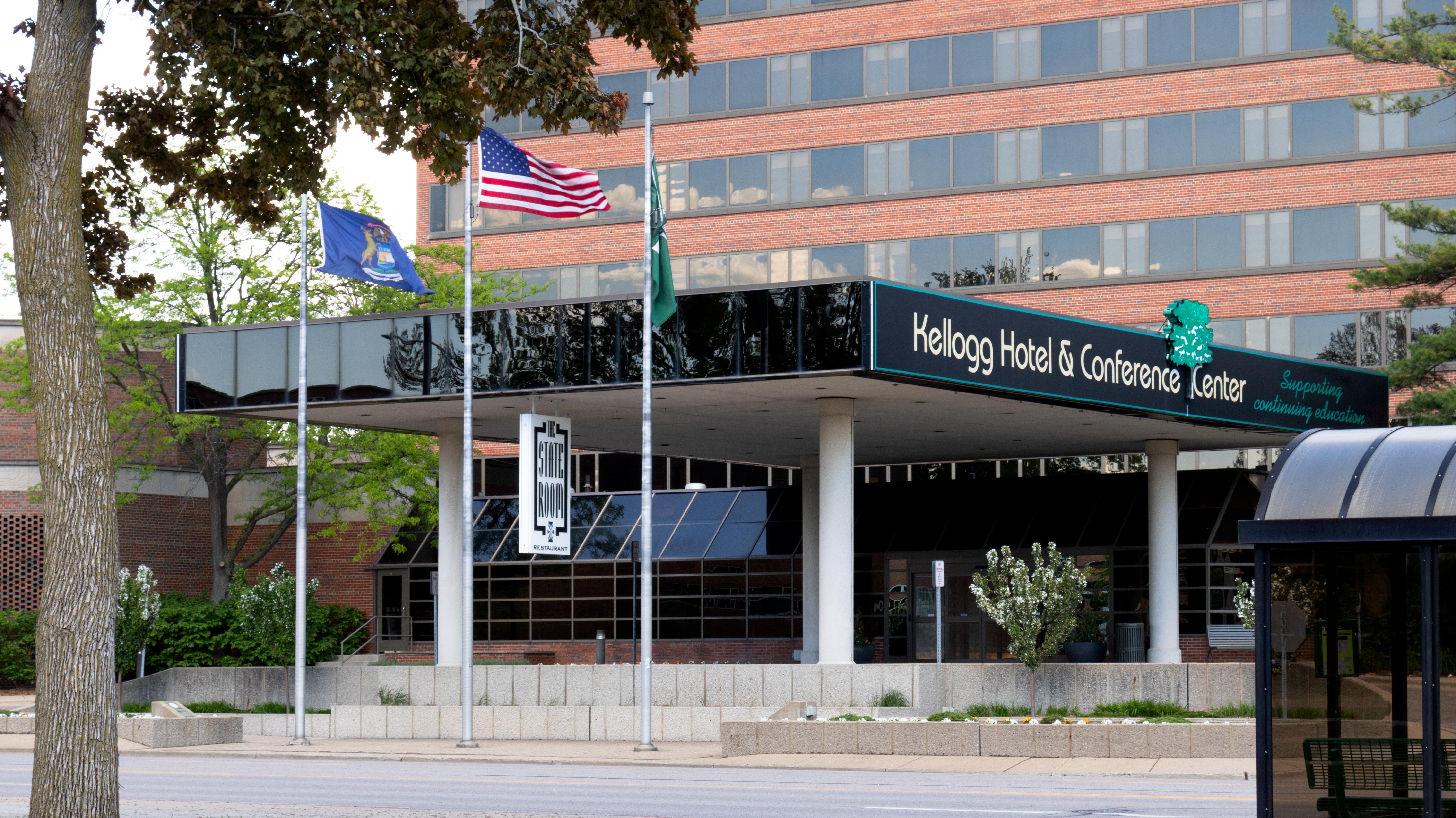 Entrance to Kellogg Hotel & Conference Center, including a sign for the State Room Restaurant.